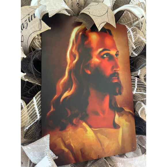 Everyay Year Round Neutral Color Jesus Mesh Ribbon Wreath Front Door Hanger - Picture 2 of 9